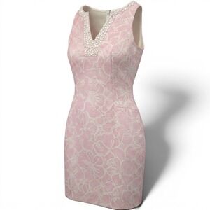 Lilly Pulitzer Shift Dress Womens 2 Pink White Beaded V-Neck Sleeveless Floral